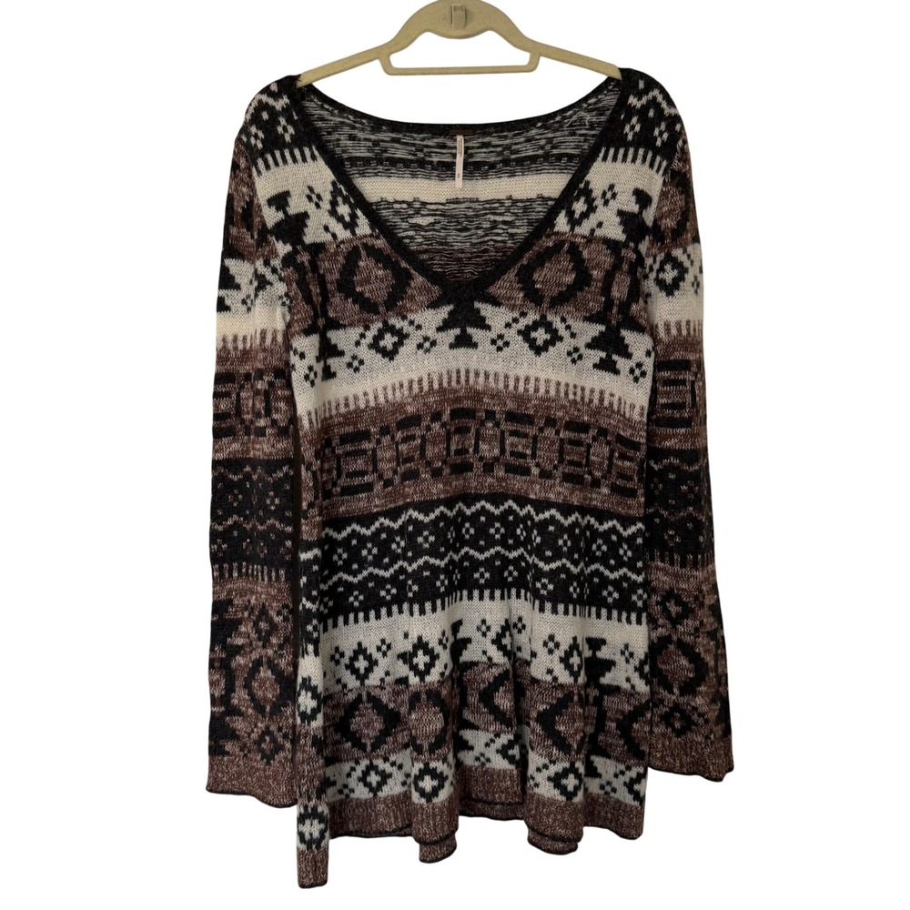 Free People Womens Fair Isle Southwestern V-Neck Tunic Sweater Brown Black S